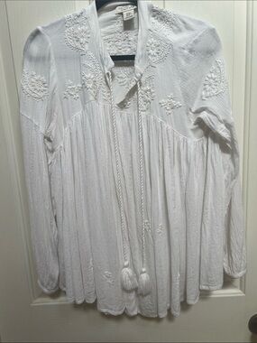 Rachel Zoe White Embroidered Peasant Tunic with Tassel Ties size M
